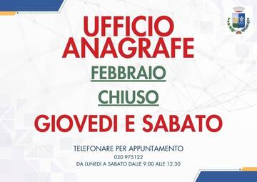 Chiusura Ufficio Anagrafe Febbraio