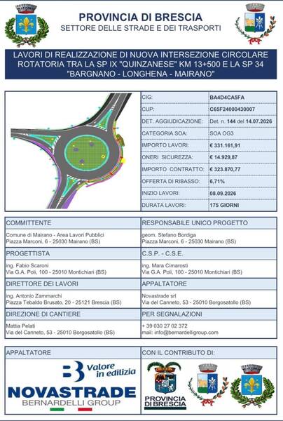 Al via i lavori per la nuova rotatoria tra la SP IX e la SP 34